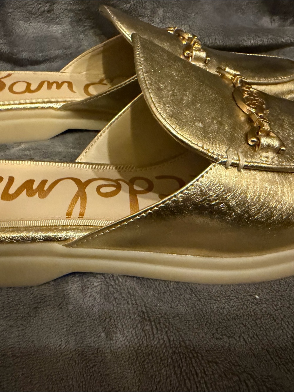 Sam Edelman Metallic Gold Slip-On Mule with Chain Accent.